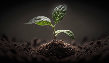 Generative AI, Young plant Growing In sunlight from the ground, macro photorealistic illustration, vegetable. Nature organic healthy farm food concept, horizontal banner.の素材