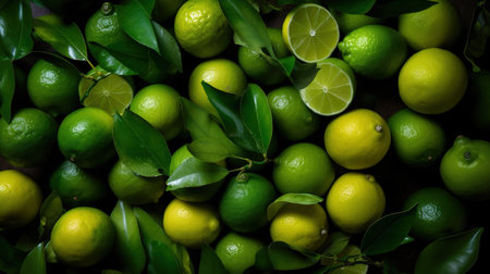 Generative AI, ripe fresh limes fruit with leaves, healthy food photorealistic illustration. green citrus backgroundの素材