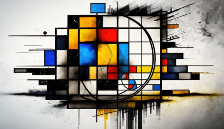 Generative AI, cubist painted abstract colorful rectangles in mondrian style background. trendy geometric design.の素材