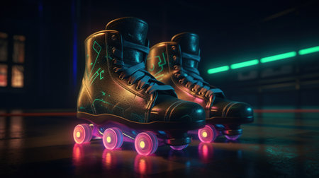 Generative AI, Roller skate in cyberpunk style, disco nostalgic 80s, 90s. Neon night lights vibrant colors, photorealistic horizontal illustration of the futuristic city. Sport activity concept.の素材