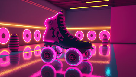 Generative AI, Roller skate in cyberpunk style, disco nostalgic 80s, 90s. Neon night lights vibrant colors, photorealistic horizontal illustration of the futuristic city. Sport activity concept.の素材