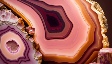 Generative AI, natural volcanic agate stones close-up light pink magenta and golden texture. Wallpaper background, quartz marble, decorative rock patternの素材