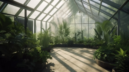 Generative AI, Green house from the glass, tent-glass garden with a lot of plants. photorealistic effect.の素材