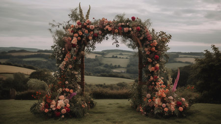 Generative AI, Wedding ceremony boho rustic style arch with flowers and plants, flower bouquets.の素材