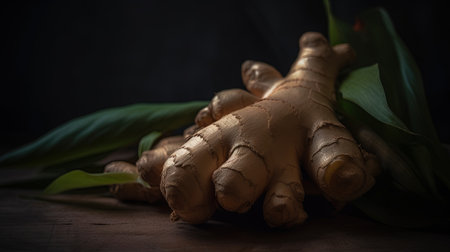 Generative AI, ginger root spice photorealistic illustartion on dark background.の素材