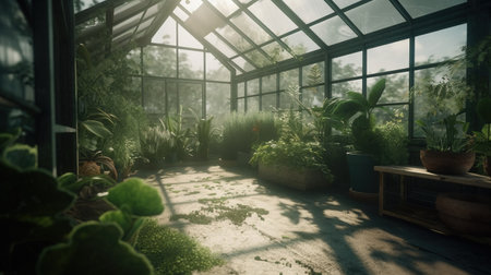 Generative AI, Green house from the glass, tent-glass garden with a lot of plants. photorealistic effect.の素材