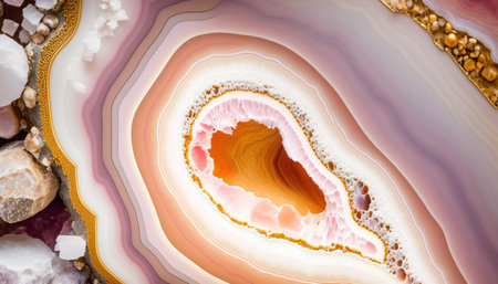 Generative AI, natural volcanic agate stones close-up light pink magenta and golden texture. Wallpaper background, quartz marble, decorative rock patternの素材