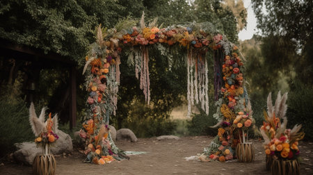 Generative AI, Wedding ceremony boho rustic style arch with flowers and plants, flower bouquets.の素材