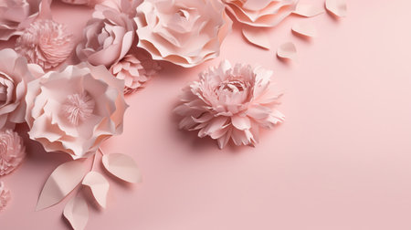 Generative AI, Paper cut craft flowers and leaves, light pink color, floral origami textured background, spring mood. photorealistic effect.の素材