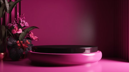 Generative AI, product viva magenta minimal scene with geometric podium platform and flowers, mock up stand for products.の素材