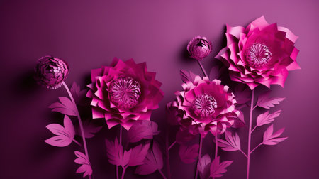 Generative AI, Paper cut craft flowers and leaves, viva magenta color, floral origami textured background, spring mood. photorealistic effect.の素材