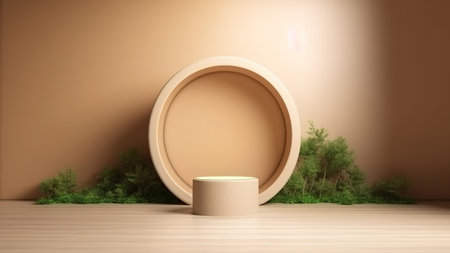 Generative AI, product beige minimal scene with geometric podium platform and moss plants, mock up stand for cosmetic products.の素材