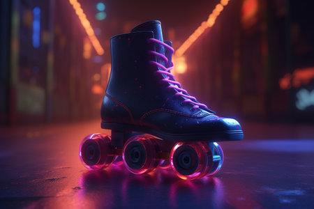 Generative AI, Roller skate in cyberpunk style, disco nostalgic 80s, 90s. Neon night lights vibrant colors, photorealistic horizontal illustration of the futuristic city. Sport activity concept.の素材