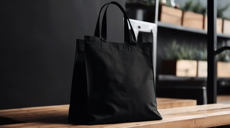 Generative AI, Realistic black tote canvas fabric bag set-up in at interior or outdoor, shopper mock up blank.の素材