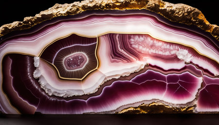 Generative AI, natural volcanic agate stones close-up light pink magenta and golden texture. Wallpaper background, quartz marble, decorative rock patternの素材