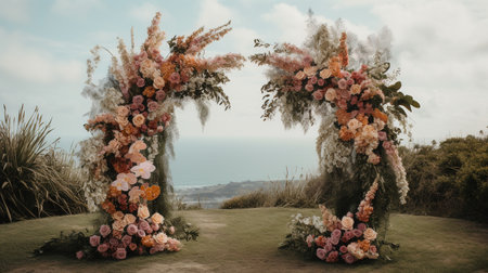 Generative AI, Wedding ceremony boho rustic style arch with flowers and plants, flower bouquets.の素材