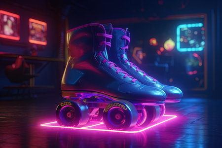 Generative AI, Roller skate in cyberpunk style, disco nostalgic 80s, 90s. Neon night lights vibrant colors, photorealistic horizontal illustration of the futuristic city. Sport activity concept.の素材