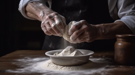 Generative AI, Hands of baker in restaurant or home kitchen, prepares ecologically natural pastriesの素材