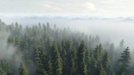 Generative AI, Misty fir forest beautiful landscape in hipster vintage retro style, foggy mountains and treesの素材