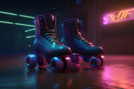 Generative AI, Roller skate in cyberpunk style, disco nostalgic 80s, 90s. Neon night lights vibrant colors, photorealistic horizontal illustration of the futuristic city. Sport activity concept.の素材