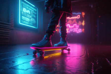 Generative AI, skate board in cyberpunk style, disco nostalgic 80s, 90s. Neon night lights vibrant colors, photorealistic horizontal illustration of the futuristic city. Sport activity concept.の素材