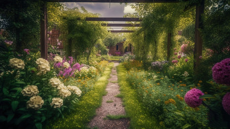 Generative AI, Beautiful summer private garden with many flowers and plants, nature landscape, english countryside cottage styleの素材