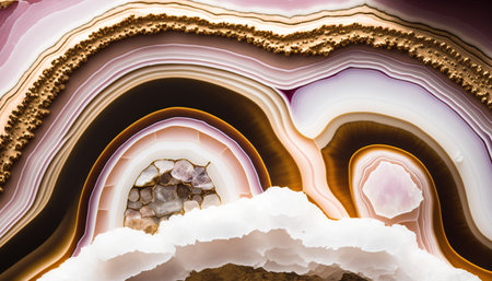 Generative AI, natural volcanic agate stones close-up light pink magenta and golden texture. Wallpaper background, quartz marble, decorative rock patternの素材