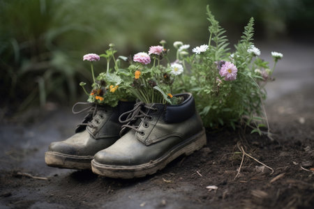 Generative AI, Old boot with meadow spring flowers, handmade shoe planter. Environmental activism conceptの素材