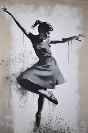 Generative AI, Dancing woman or girl, dynamic motion. Ink paint colorful splashes street graffiti art on a textured paper vintage background, inspired by Banksy.の素材