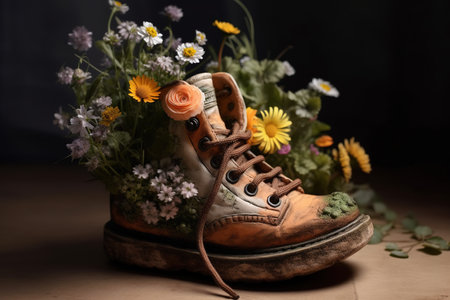 Generative AI, Old boot with meadow spring flowers, handmade shoe planter. Environmental activism conceptの素材
