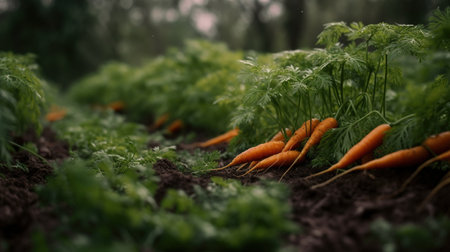 Generative AI, Row of fresh carrots with green leaves on the ground, vegetables in the garden, a good harvest of eco products.の素材