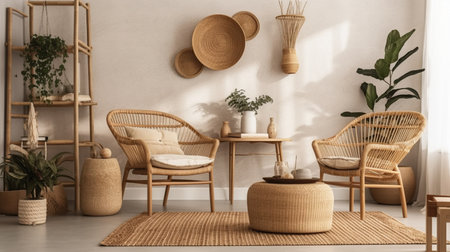 Generative AI, Eco wooden room with plants with natural furniture, boho ethnic chic style interior designの素材
