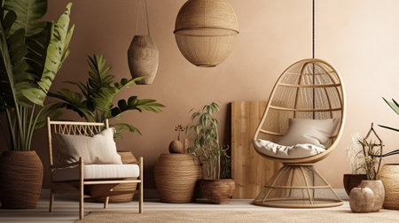 Generative AI, Eco wooden room with plants with natural furniture, boho ethnic chic style interior designの素材