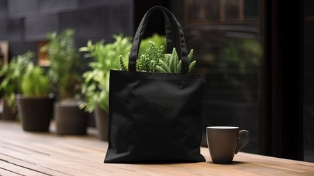 Generative AI, Realistic black tote canvas fabric bag set-up in at interior or outdoor, shopper mock up blank.の素材