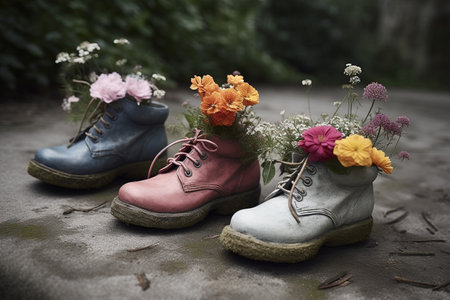 Generative AI, Old boot with meadow spring flowers, handmade shoe planter. Environmental activism conceptの素材