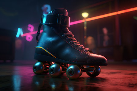 Generative AI, Roller skate in cyberpunk style, disco nostalgic 80s, 90s. Neon night lights vibrant colors, photorealistic horizontal illustration of the futuristic city. Sport activity concept.の素材