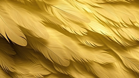 Generative AI, Beautiful light yellow closeup feathers, photorealistic background. Small fluffy yellow feathers randomly scattered formingの素材