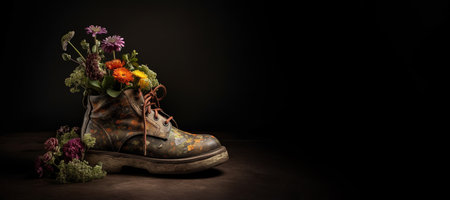 Generative AI, Old boot with meadow spring flowers, handmade shoe planter. Environmental activism conceptの素材