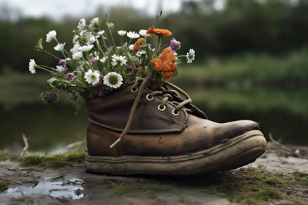 Generative AI, Old boot with meadow spring flowers, handmade shoe planter. Environmental activism conceptの素材