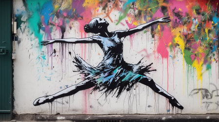 Generative AI, Dancing woman or girl, dynamic motion. Ink paint colorful splashes street graffiti art on a textured paper vintage background, inspired by Banksy.の素材