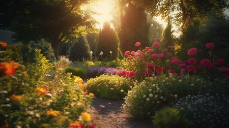 Generative AI, Beautiful summer private garden with many flowers and plants, nature landscape, english countryside cottage styleの素材