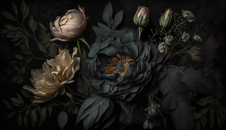 Generative AI, Close up of blooming flowerbeds of amazing black flowers on dark gothic moody floral textured background. photorealistic effect.の素材