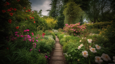 Generative AI, Beautiful summer private garden with many flowers and plants, nature landscape, english countryside cottage styleの素材