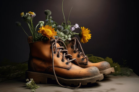 Generative AI, Old boot with meadow spring flowers, handmade shoe planter. Environmental activism conceptの素材