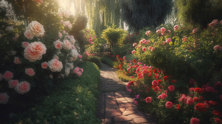 Generative AI, Beautiful summer private garden with many flowers and plants, nature landscape, english countryside cottage styleの素材