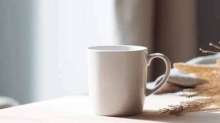 Generative AI, White ceramic cup set-up in at home interior, mug mock up blank.の素材