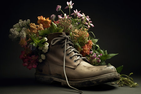 Generative AI, Old boot with meadow spring flowers, handmade shoe planter. Environmental activism conceptの素材
