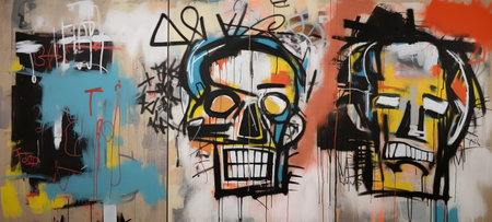 Generative AI, street graffiti abstract art with ugly face on a textured wall vintage background, inspired by Jean-Michel Basquiat, New York urban style.の素材