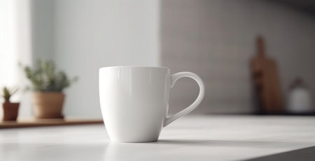 Generative AI, White ceramic cup set-up in at home interior, mug mock up blank.の素材