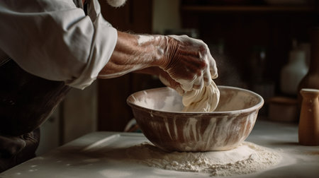 Generative AI, Hands of baker in restaurant or home kitchen, prepares ecologically natural pastriesの素材